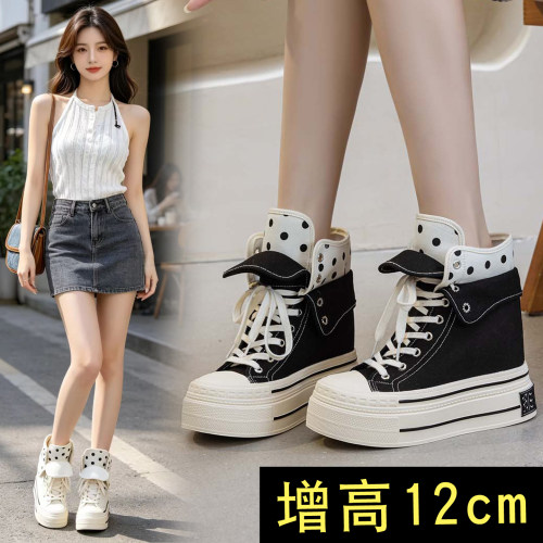 两穿内增高12cm高帮帆布鞋女波点