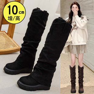 内增高10cm公分女士长筒骑士靴绒面弹力堆堆裤 管靴美拉德高筒长靴