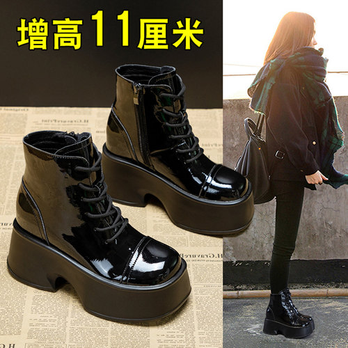 马丁靴女真皮内增高短靴小个子