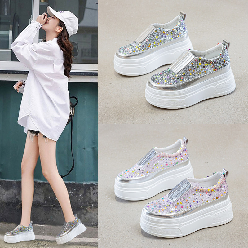 乐福鞋女2026年厚底网面透气板鞋小个子内增高8.5cm一脚蹬小白鞋