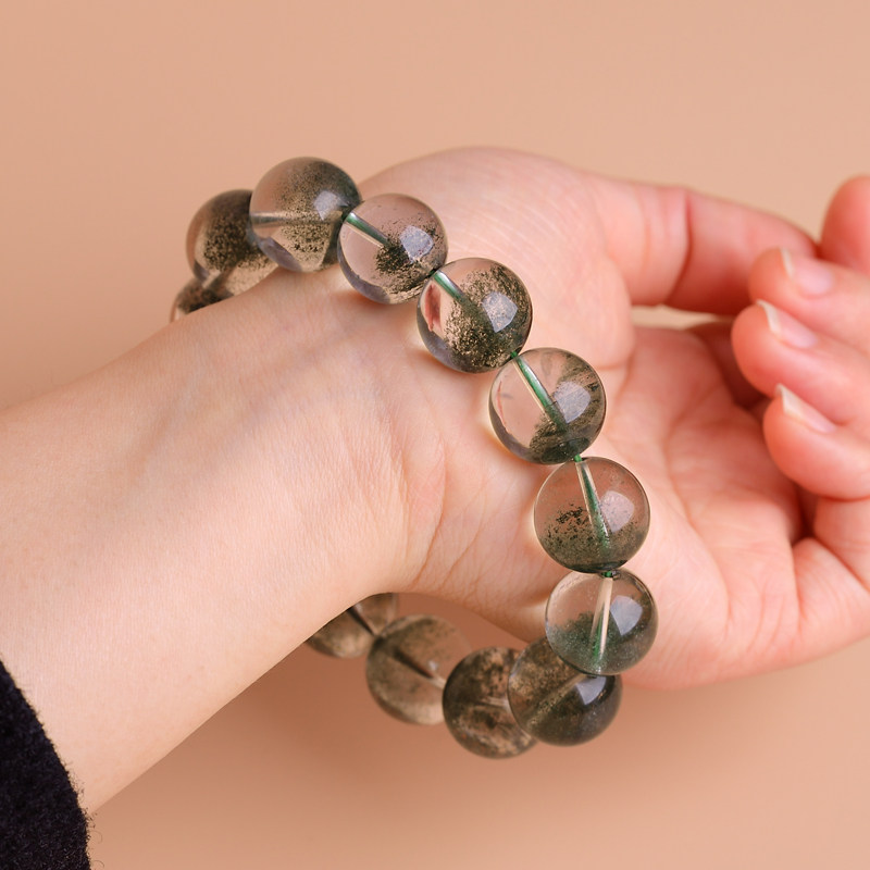 17mm稀少大颗无红皮天然水晶珍藏级巴西绿幽灵聚宝盆手链一图一物