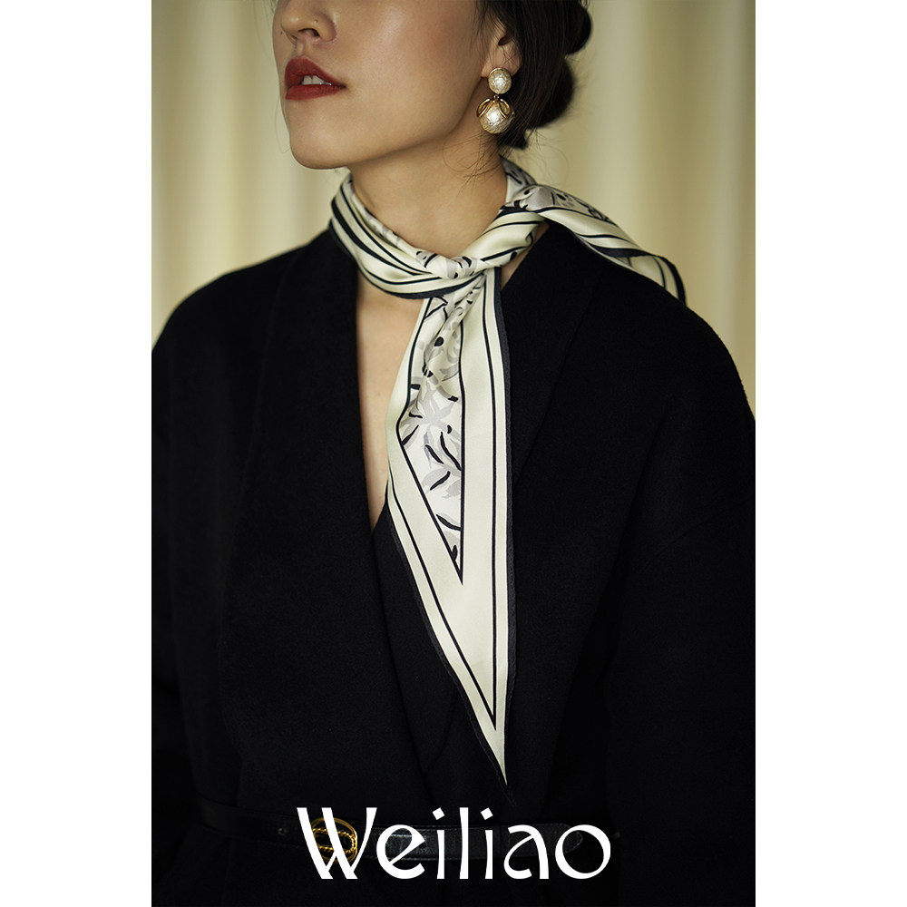Weiliao 波点百合竹菱形真丝丝巾复古黑白系脖桑蚕丝气质礼物