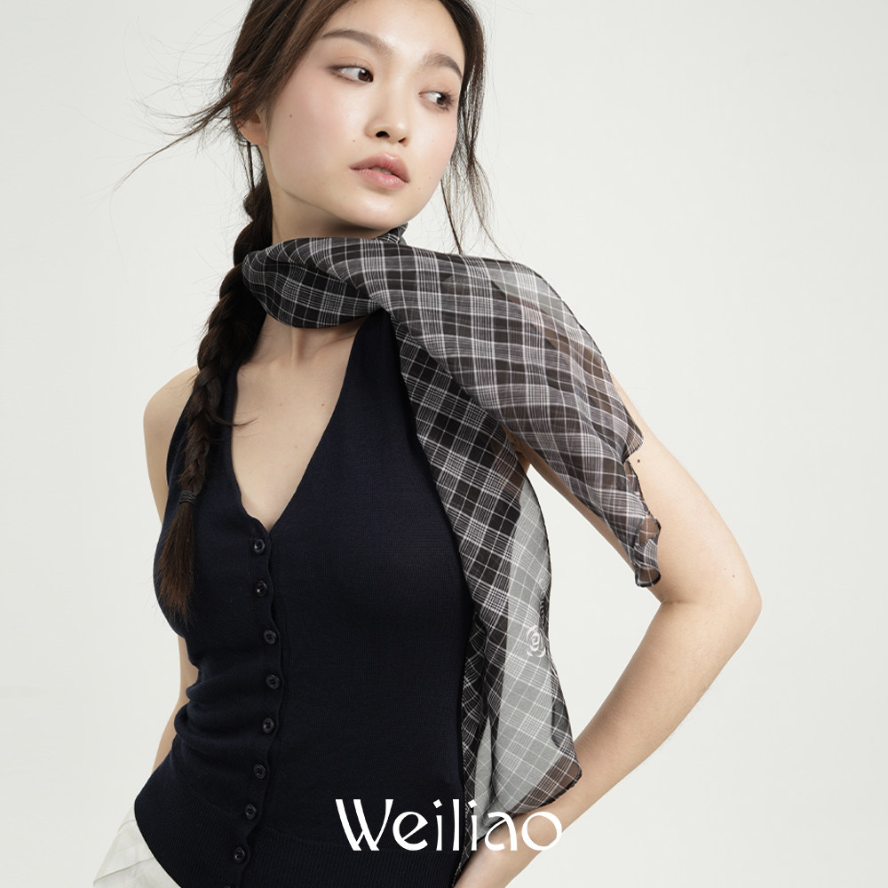 Weiliao真丝雪纺格纹飘带百搭