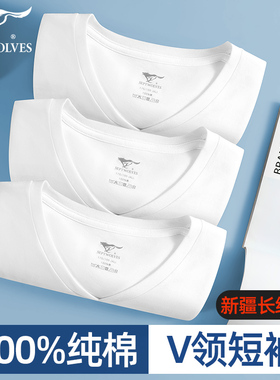 七匹狼白色v领短袖t恤男士纯棉打底汗衫薄款半袖体恤鸡心低领上衣