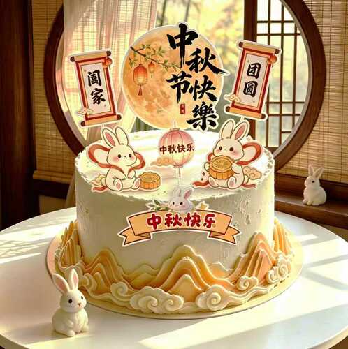 2026中秋小兔阖家团圆蛋糕插牌