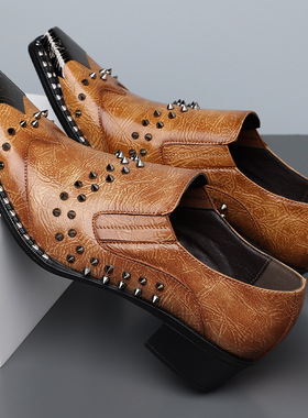 男士大码正装复古铆钉钢包头皮鞋