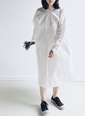 Warm Buds 2021秋季新款纯色文艺纯棉白色长袖宽松连衣裙女