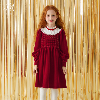 Petite Marguerite小雏菊童装·红色金丝绒蜂巢褶连衣裙