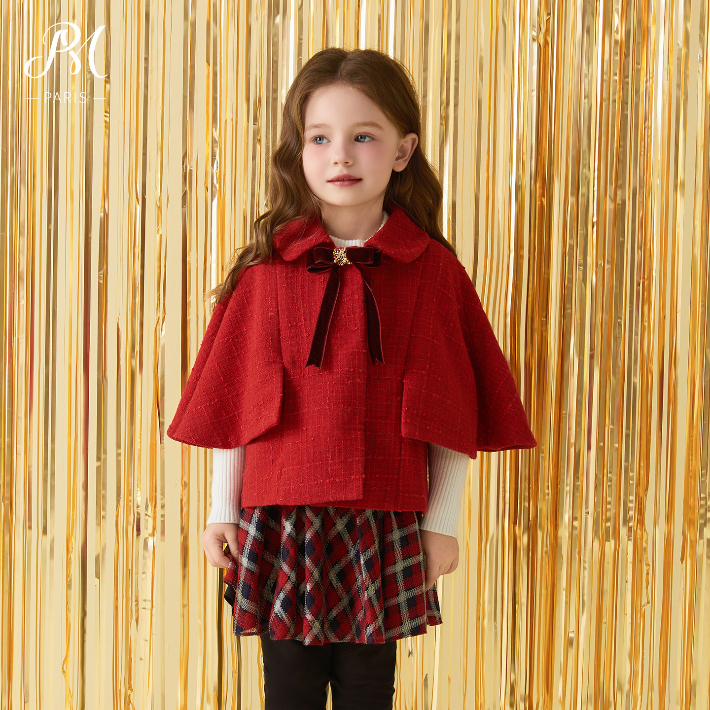 Petite Marguerite小雏菊童装&middot;红色蝴蝶结毛呢斗篷