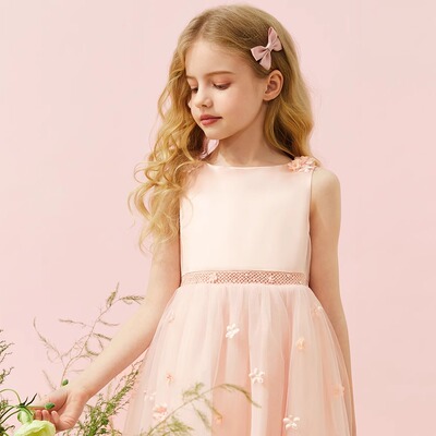 手工钉花粉色网纱无袖连衣裙