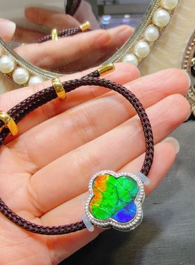 天然加拿大斑彩石四叶草吊坠手链款