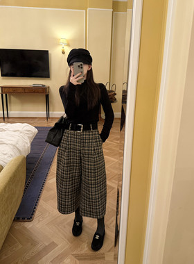 EASE高级感粗花呢格纹拼色加厚廓形休闲裤(配腰带)E258124