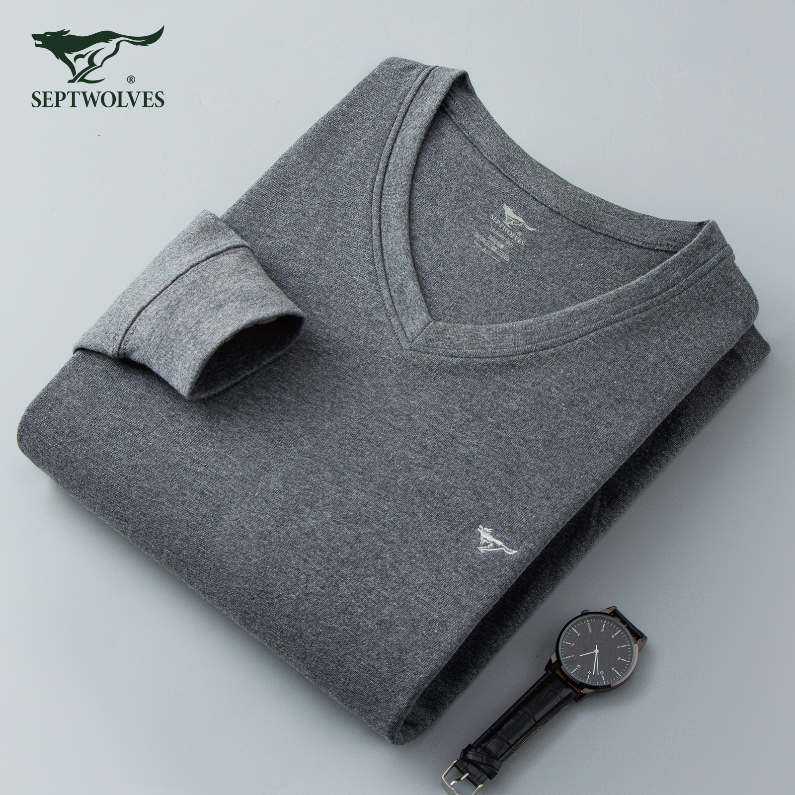 七匹狼男士纯棉V领保暖内衣秋衣单件上衣棉质纯色贴身打底v领上装