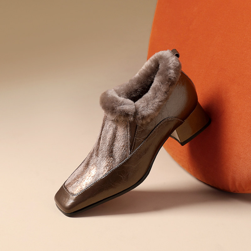 洋气加绒欧美百搭新款毛毛鞋马毛皮鞋保暖方头低跟真皮深口单鞋女,女鞋,深口单鞋,淘宝优惠券,粉丝福利购,淘宝优惠卷