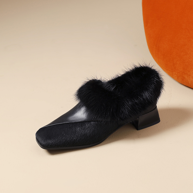 真皮真毛加绒舒适低跟深口单鞋