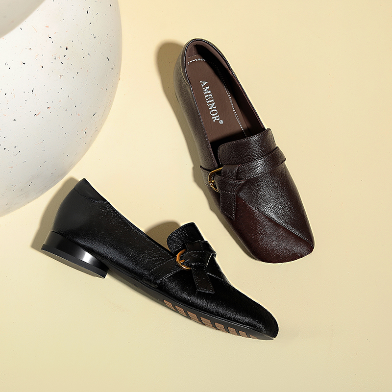 真皮拼接马毛低跟深口单鞋女