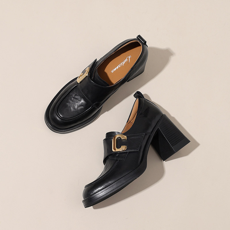 头层牛皮粗跟皮带扣乐福鞋舒适一脚蹬深口单鞋小个子高跟鞋小皮鞋,女鞋,乐福鞋（豆豆鞋）,淘宝优惠券,粉丝福利购,淘宝优惠卷