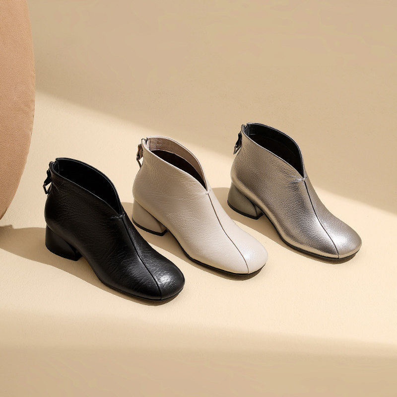 2025新款粗跟拼接羊皮后拉链简约复古单靴舒适真皮圆头低跟女短靴,女鞋,时装靴,淘宝优惠券,粉丝福利购,淘宝优惠卷