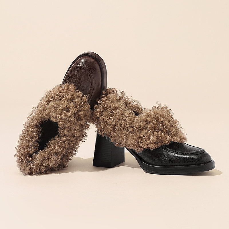 羊毛毛领深口单鞋粗高跟毛毛单鞋