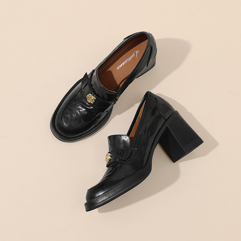 新款小个子粗跟高跟鞋羊皮圆头深口单鞋山茶花小皮鞋真皮乐福鞋女,女鞋,深口单鞋,淘宝优惠券,粉丝福利购,淘宝优惠卷