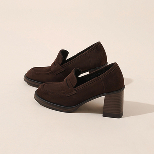 圆头高跟鞋 一脚蹬粗跟小皮鞋 女 深口单鞋 英伦风复古羊反绒皮乐福鞋