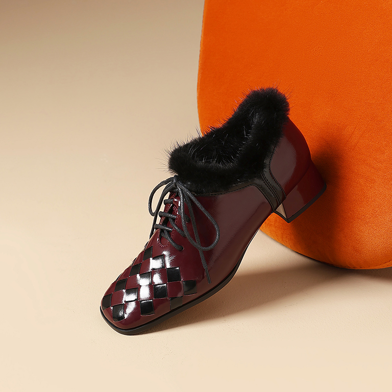加绒保暖真皮编织低跟深口单鞋