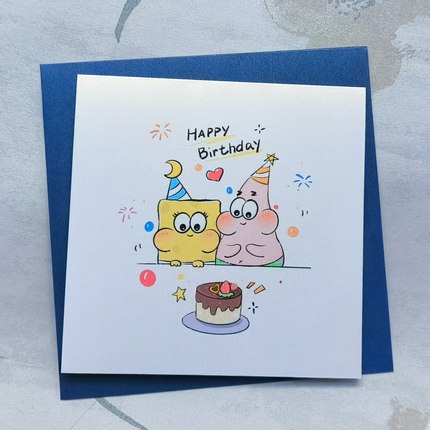 创意ins海绵宝宝动画卡通贺卡生日快乐卡片照片定制节日祝福卡片