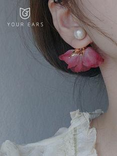 EARS原创设计手作日本棉花珍珠薄纱花朵两戴仙女耳钉网红 YOUR