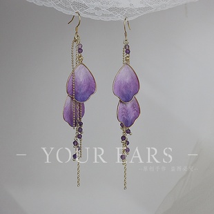 YOUR EARS原创手作紫色非遗绒花工艺仙气耳钩复古风925防敏高级感