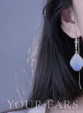 YOUR EARS原创设计蓝色复古中国风古典长款绒花非遗耳线旗袍耳饰