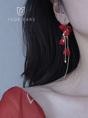 YOUR EARS原创手作大红色新娘敬酒配饰度假风长款流苏耳环蚊香盘