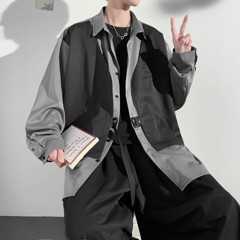 714B/H3002P55控79港风2025春时尚潮男垂感衬衫假两件工装衬衫,男装衬衫,星座714B(原C313-1)