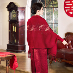 喜婆婆配旗袍披肩秋冬辛苦婚宴妈妈红色高端礼服外套刺绣带袖斗篷