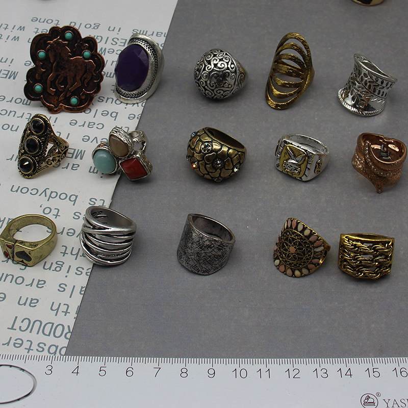 Y单出口尾货欧美超美复古古董旧旧花树叶珐琅女戒指首饰合集 独款