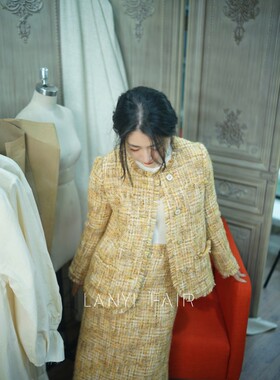 兰奕屋语原创设计 黄色流苏花呢羊毛外套上衣半裙 小香风温柔优雅