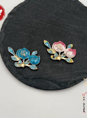 合金滴油桃子花枝diy汉服发簪发冠旗袍胸针材料配件