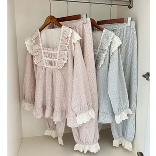 public republic韩国宫廷甜美花边磨毛棉纯棉女士睡衣长袖家居服