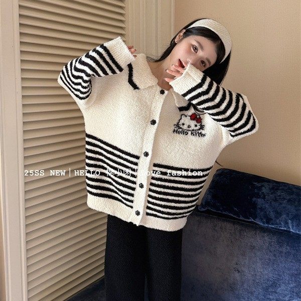 棉小闲猫咪软绵绵睡衣套装女秋冬季加厚海军领系扣开衫条纹家居服