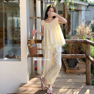 长裤 温柔镂空花边纯棉圆领短袖 家居服公主睡衣 甜美宫廷风法式 夏季