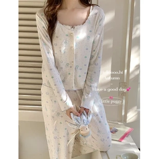 吊带长袖长裤三件套碎花家居服!女士针织棉奶呼呼春秋休闲款睡衣