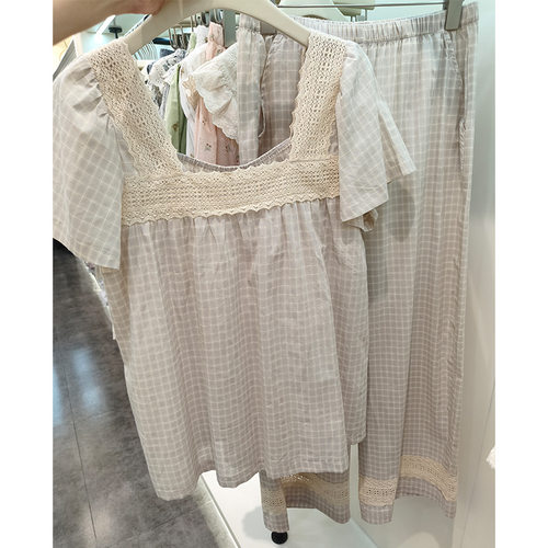 夏季新品 韩系甜美格纹花边方领短袖长裤睡衣 格子纯棉家居服套装