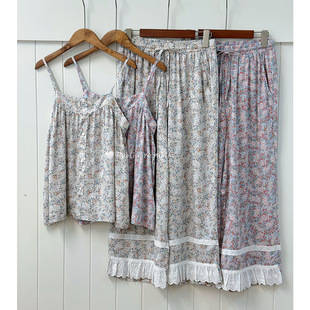 public republic夏季韩系田园风碎花人棉睡衣吊带长裤花边棉绸