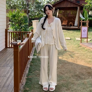 春秋新品 韩系甜美花边三件套睡衣 带胸垫背心外套长袖长裤居家服