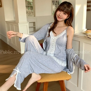 春秋新品 韩系甜美花边三件套睡衣 莫代尔可拆卸胸垫吊带外套长裤