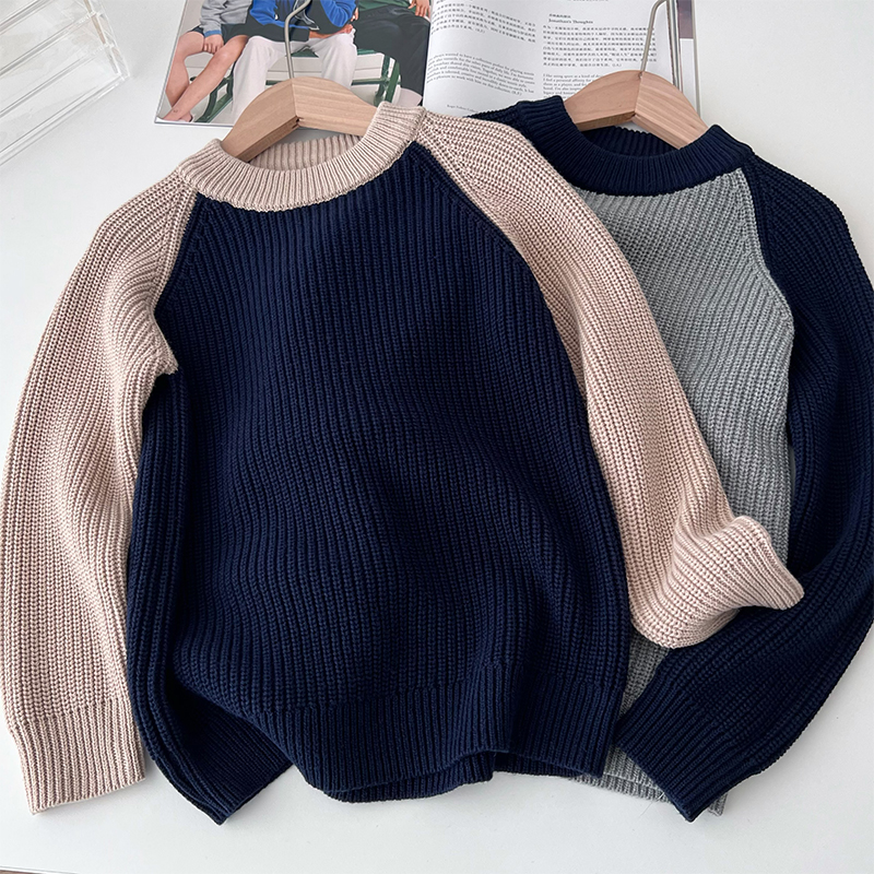 男童纯棉线拼色插肩袖毛衣