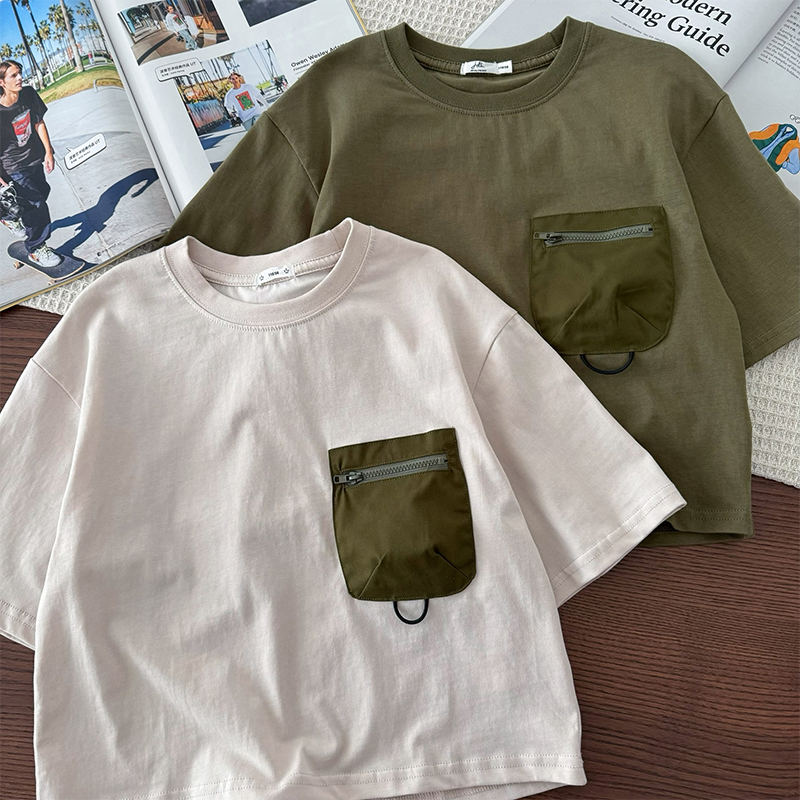 立体口袋男童纯棉圆领短袖T恤衫