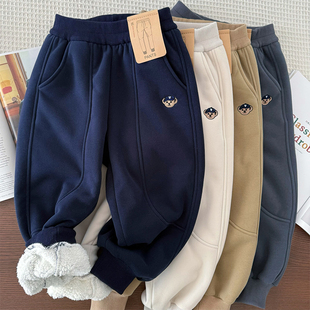 男童加厚加绒休闲运动裤秋冬中大童防风保暖收口卫裤仿羊羔绒裤子