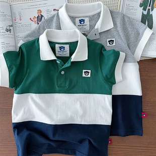 男童100%纯棉短袖 T恤休闲上衣 POLO衫 A类中大童撞色拼接翻领半袖