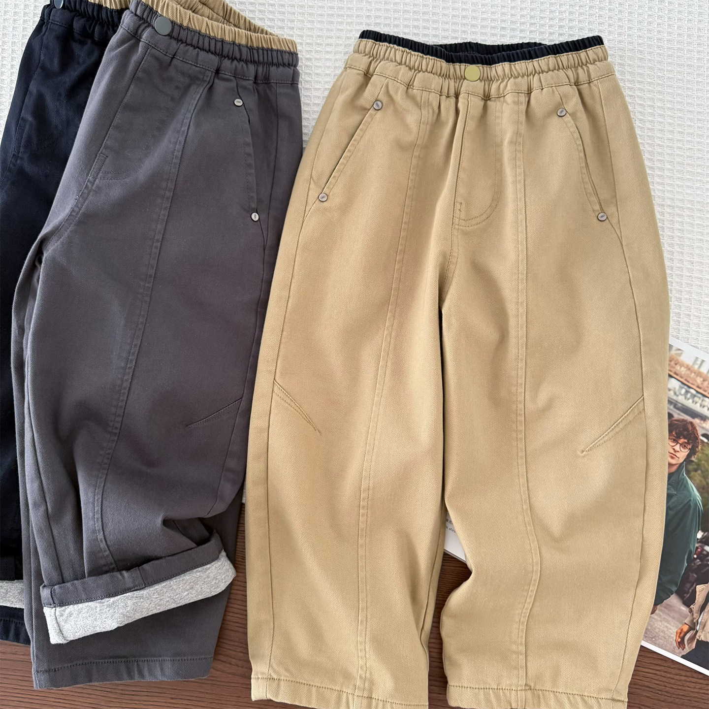 秋冬男童纯棉布双层夹裤中大童防风保暖休闲长裤儿童加厚卡其裤子
