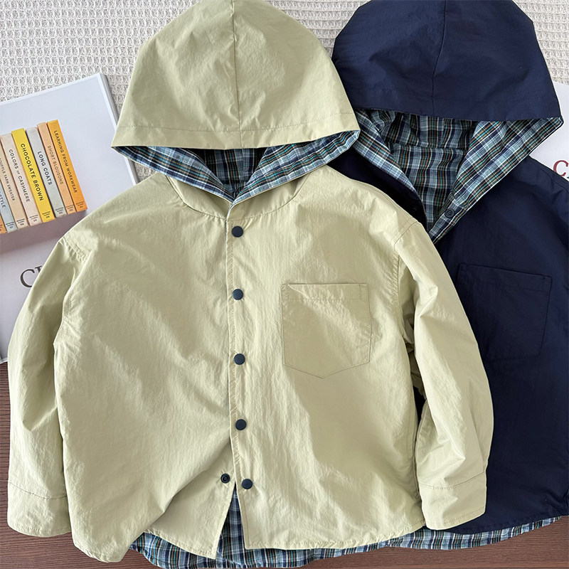 男童外套轻量双面穿~中大童连帽格子上衣儿童时髦帽衫休闲夹克